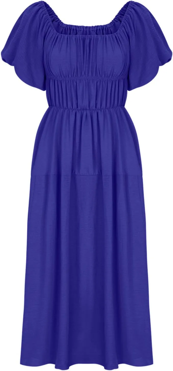 Off-Shoulder Dresses for Women Summer Puff Sleeve Empire Waist Casual A-Line Beach Sundress Flowy Hem Midi Dress