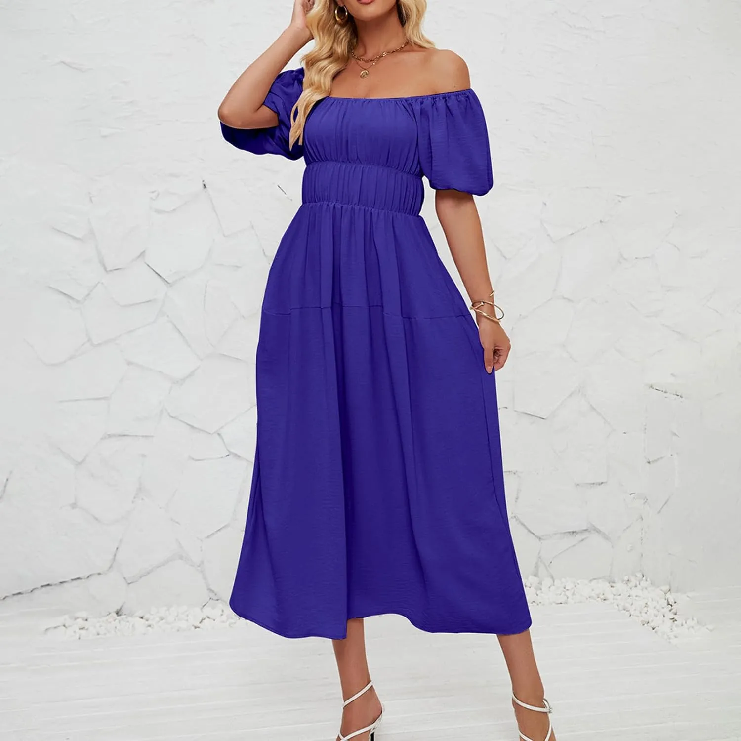 Off-Shoulder Dresses for Women Summer Puff Sleeve Empire Waist Casual A-Line Beach Sundress Flowy Hem Midi Dress