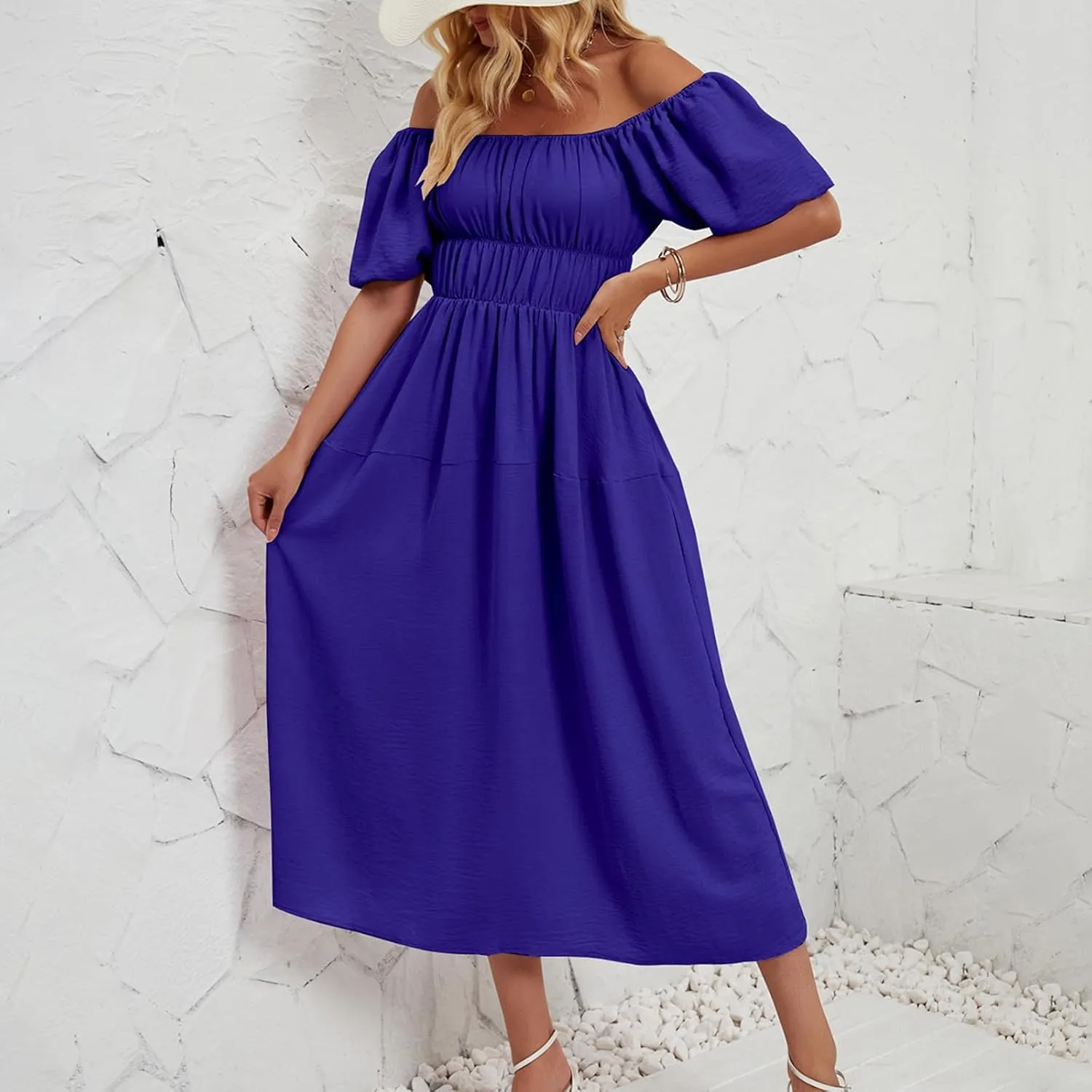 Off-Shoulder Dresses for Women Summer Puff Sleeve Empire Waist Casual A-Line Beach Sundress Flowy Hem Midi Dress