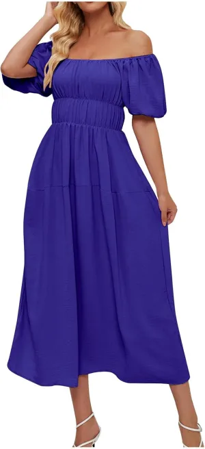 Off-Shoulder Dresses for Women Summer Puff Sleeve Empire Waist Casual A-Line Beach Sundress Flowy Hem Midi Dress