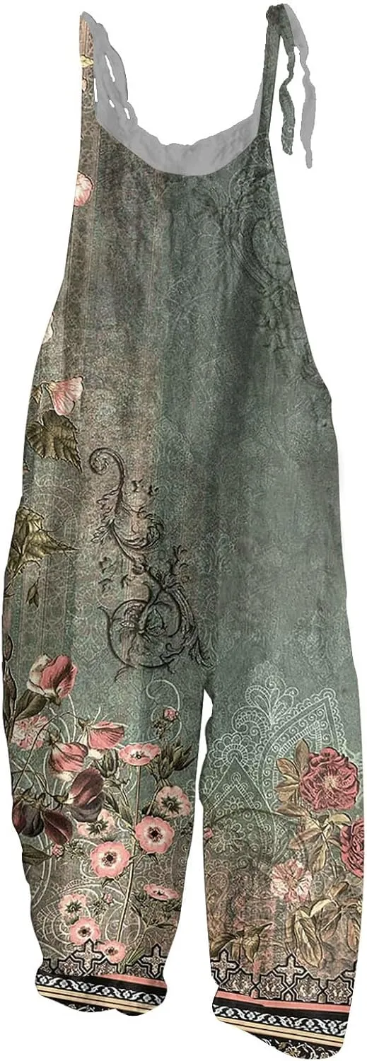 OIOLOYJM Summer Plus Size Floral Boho Bib Cotton Linen Overalls for Women 2025 Hippie Jumpsuits Print Spaghetti Strap Rompers