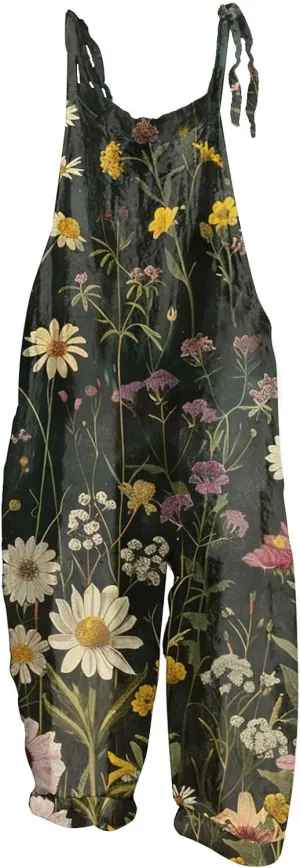 OIOLOYJM Summer Plus Size Floral Boho Bib Cotton Linen Overalls for Women 2025 Hippie Jumpsuits Print Spaghetti Strap Rompers