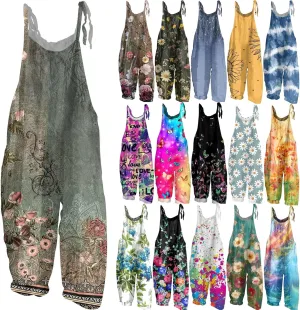 OIOLOYJM Summer Plus Size Floral Boho Bib Cotton Linen Overalls for Women 2025 Hippie Jumpsuits Print Spaghetti Strap Rompers