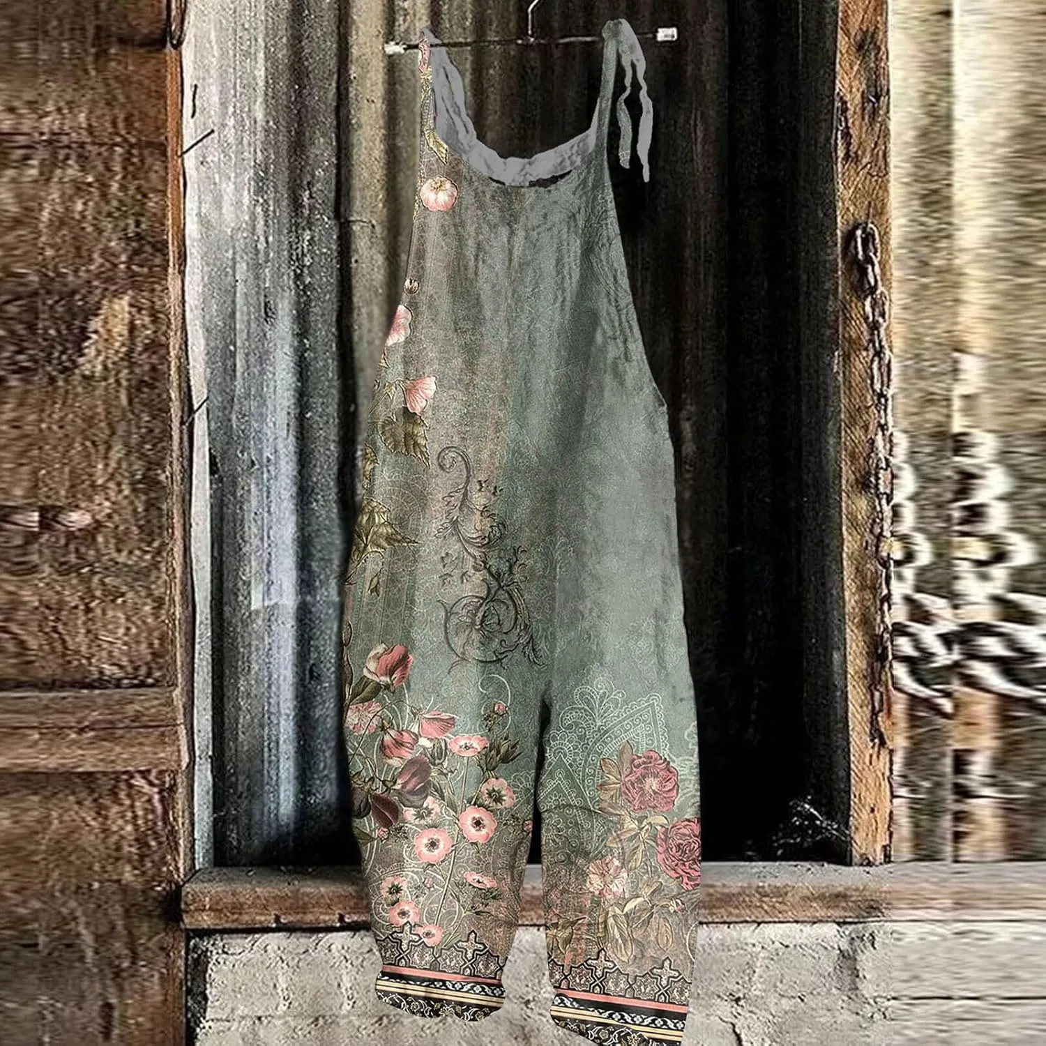 OIOLOYJM Summer Plus Size Floral Boho Bib Cotton Linen Overalls for Women 2025 Hippie Jumpsuits Print Spaghetti Strap Rompers