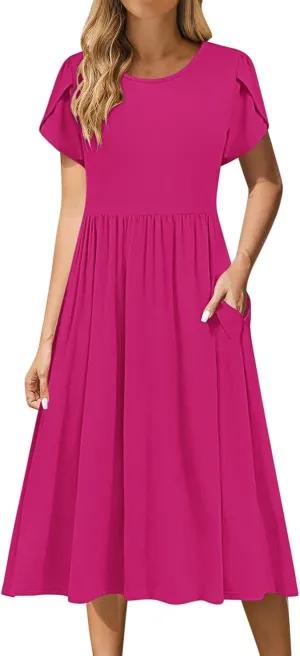 Olive Casual A-Line Dress for Women Short Sleeve with Pockets Summer Midi Dress
