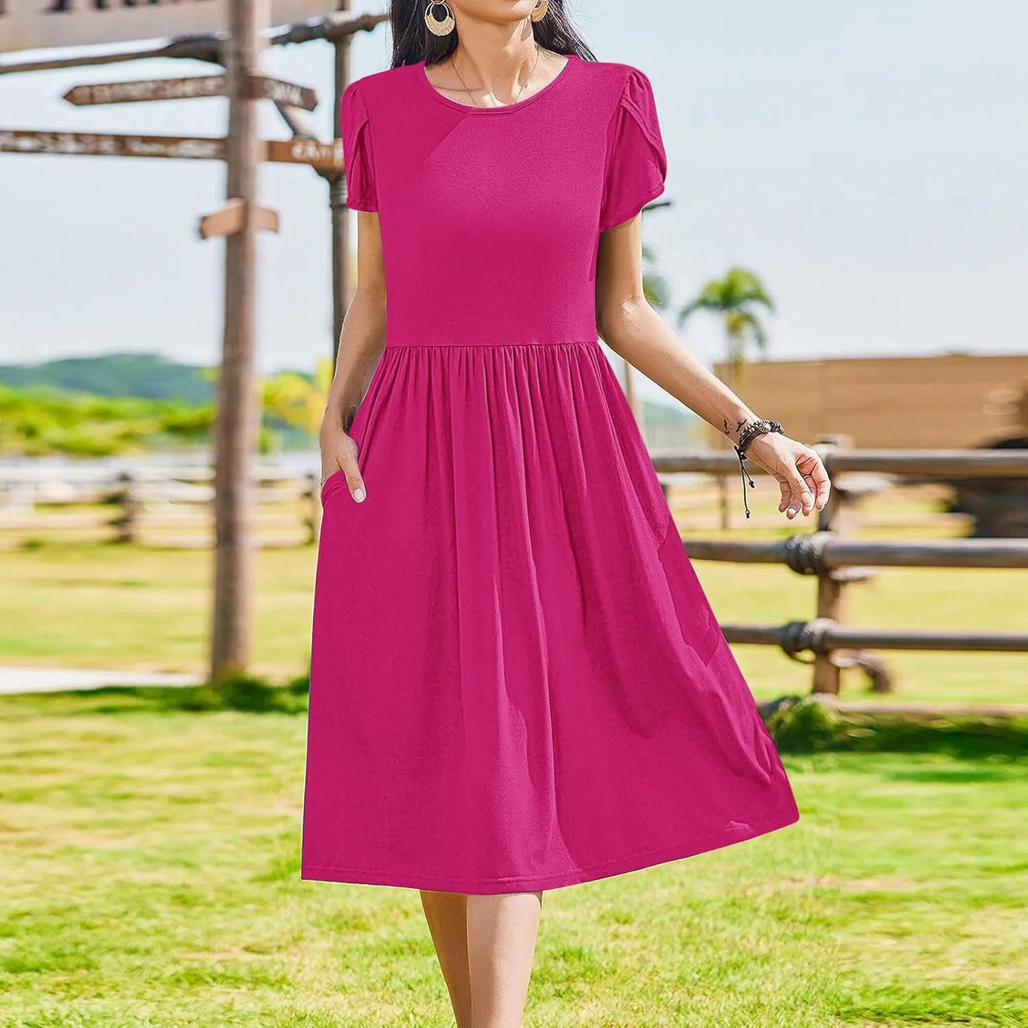 Olive Casual A-Line Dress for Women Short Sleeve with Pockets Summer Midi Dress