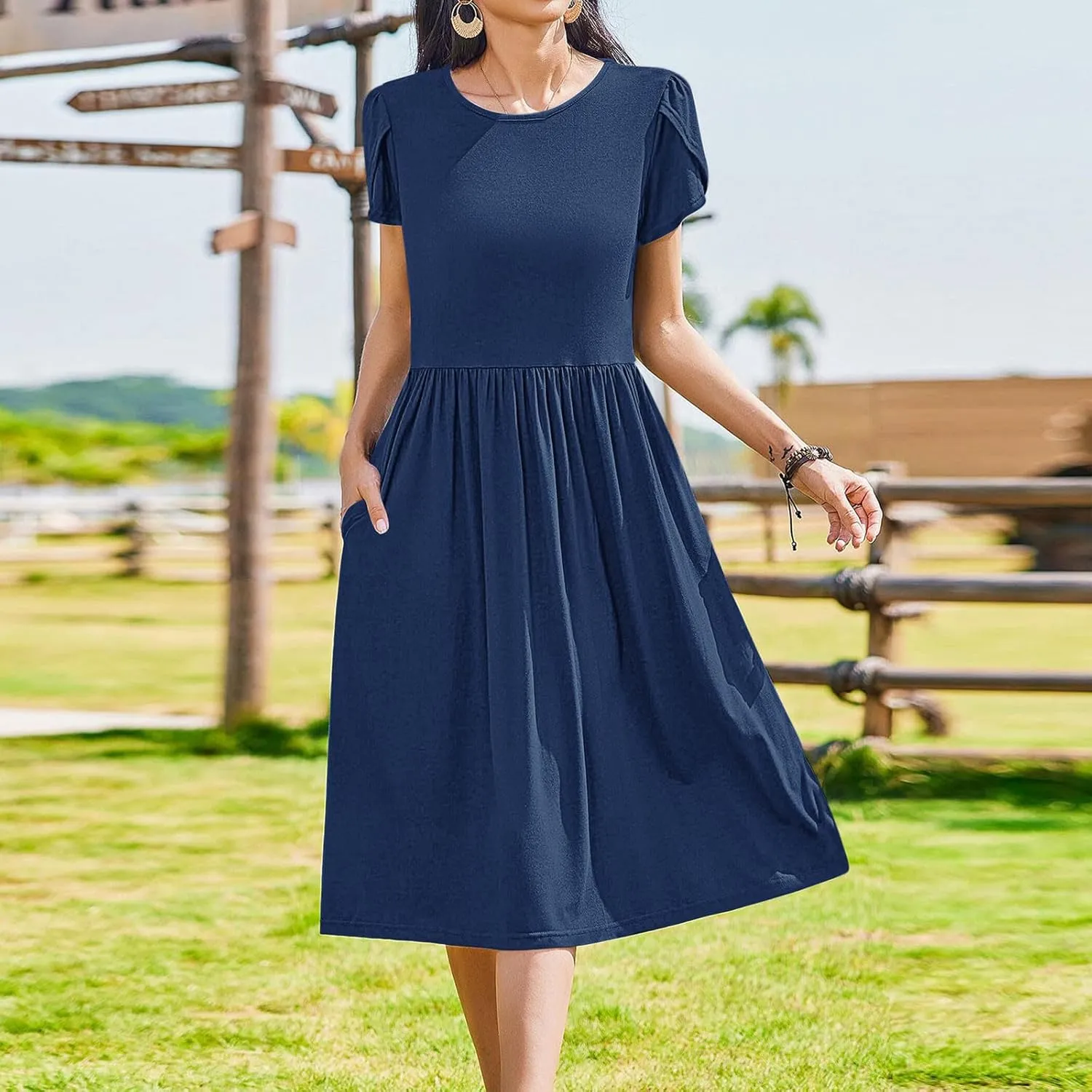 Olive Casual A-Line Dress for Women Short Sleeve with Pockets Summer Midi Dress