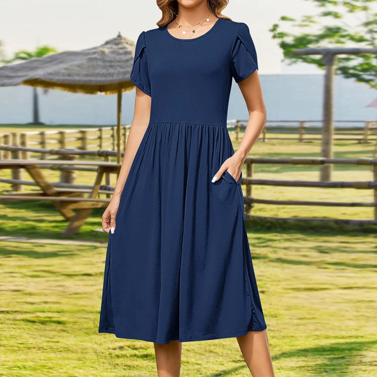 Olive Casual A-Line Dress for Women Short Sleeve with Pockets Summer Midi Dress