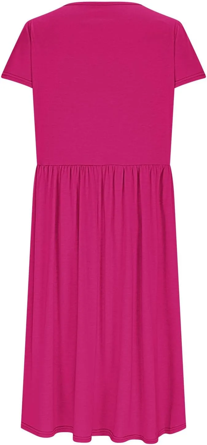 Olive Casual A-Line Dress for Women Short Sleeve with Pockets Summer Midi Dress