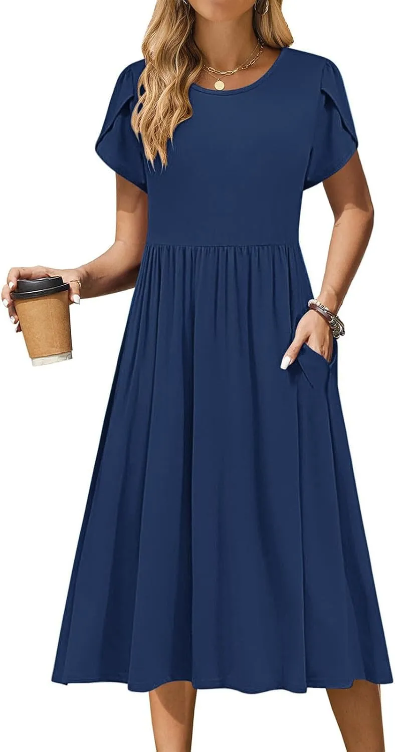 Olive Casual A-Line Dress for Women Short Sleeve with Pockets Summer Midi Dress