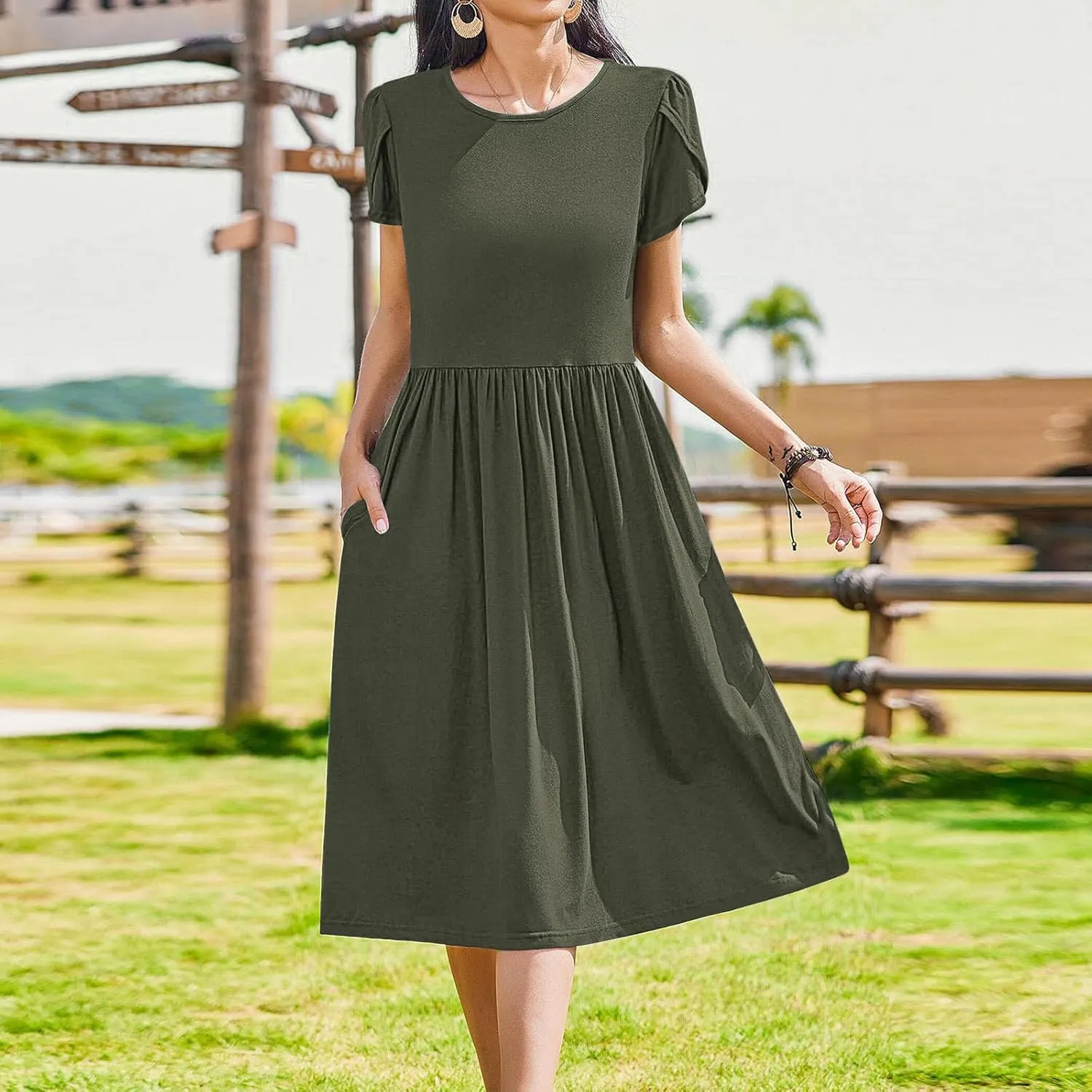 Olive Casual A-Line Dress for Women Short Sleeve with Pockets Summer Midi Dress