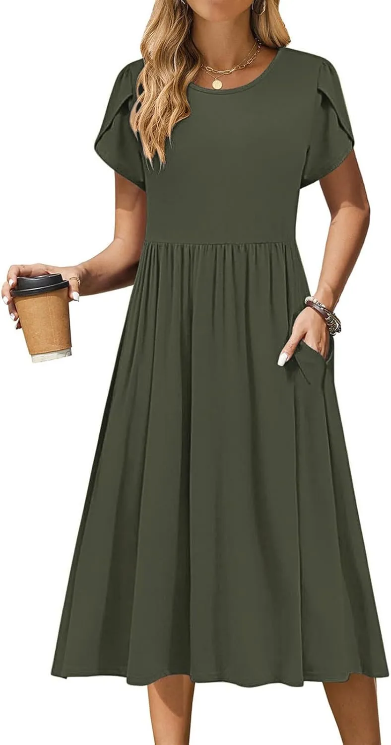 Olive Casual A-Line Dress for Women Short Sleeve with Pockets Summer Midi Dress