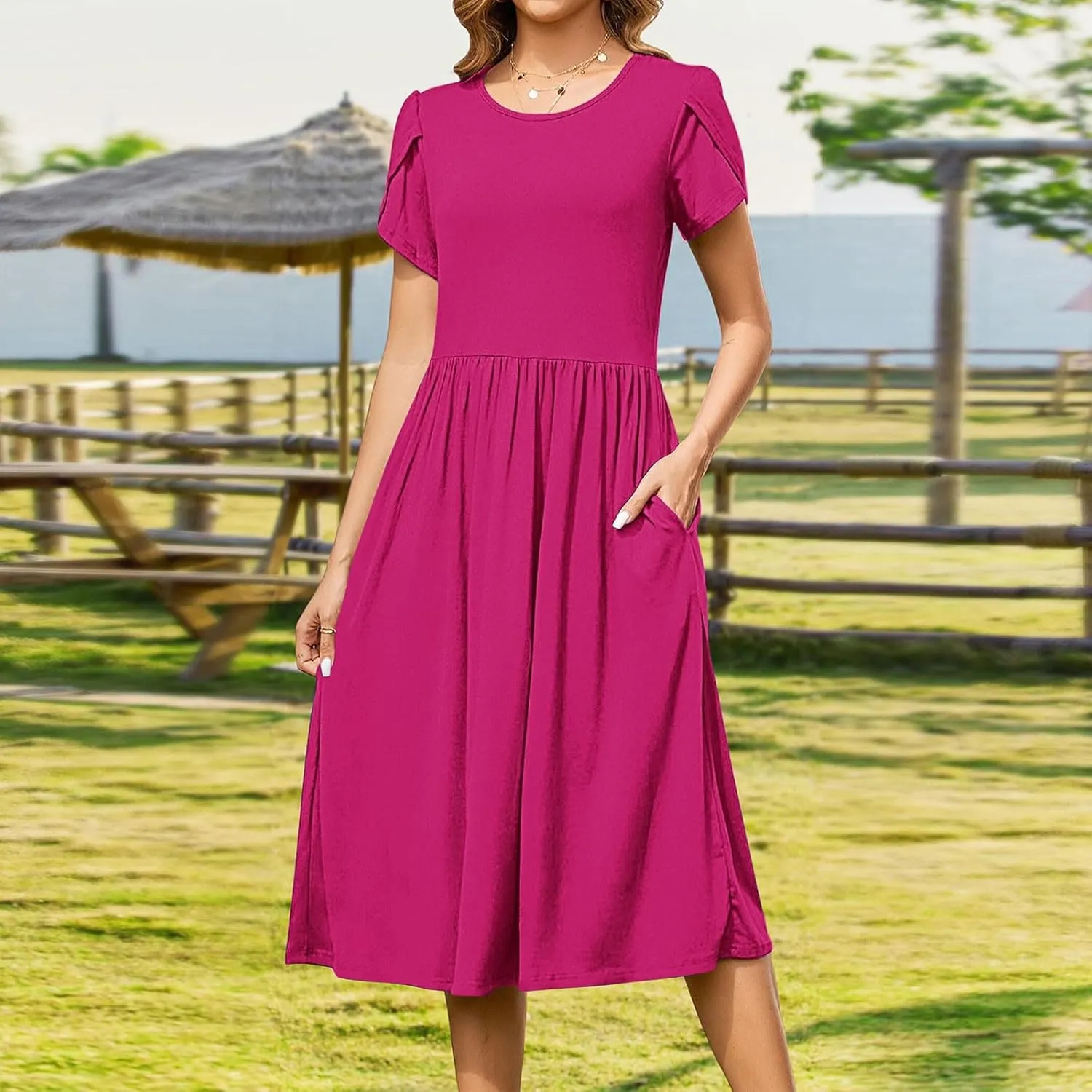 Olive Casual A-Line Dress for Women Short Sleeve with Pockets Summer Midi Dress