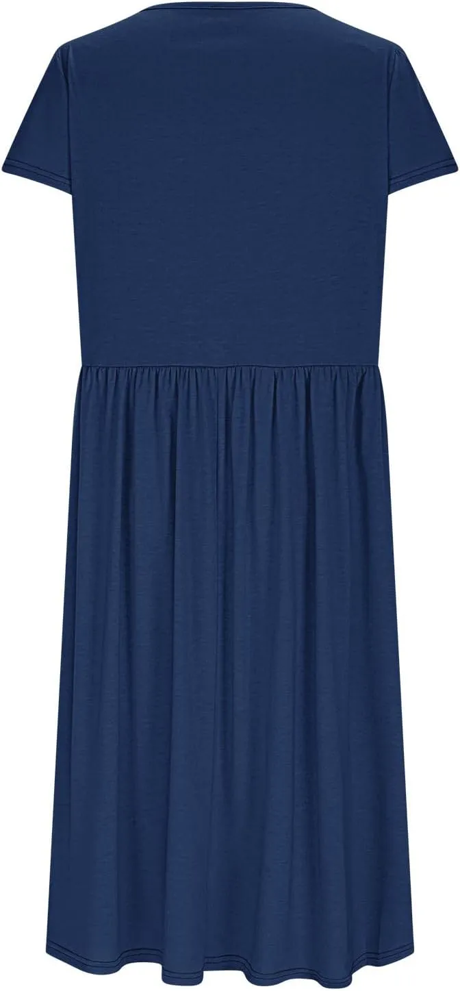 Olive Casual A-Line Dress for Women Short Sleeve with Pockets Summer Midi Dress