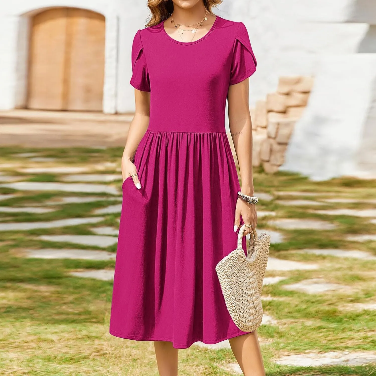 Olive Casual A-Line Dress for Women Short Sleeve with Pockets Summer Midi Dress