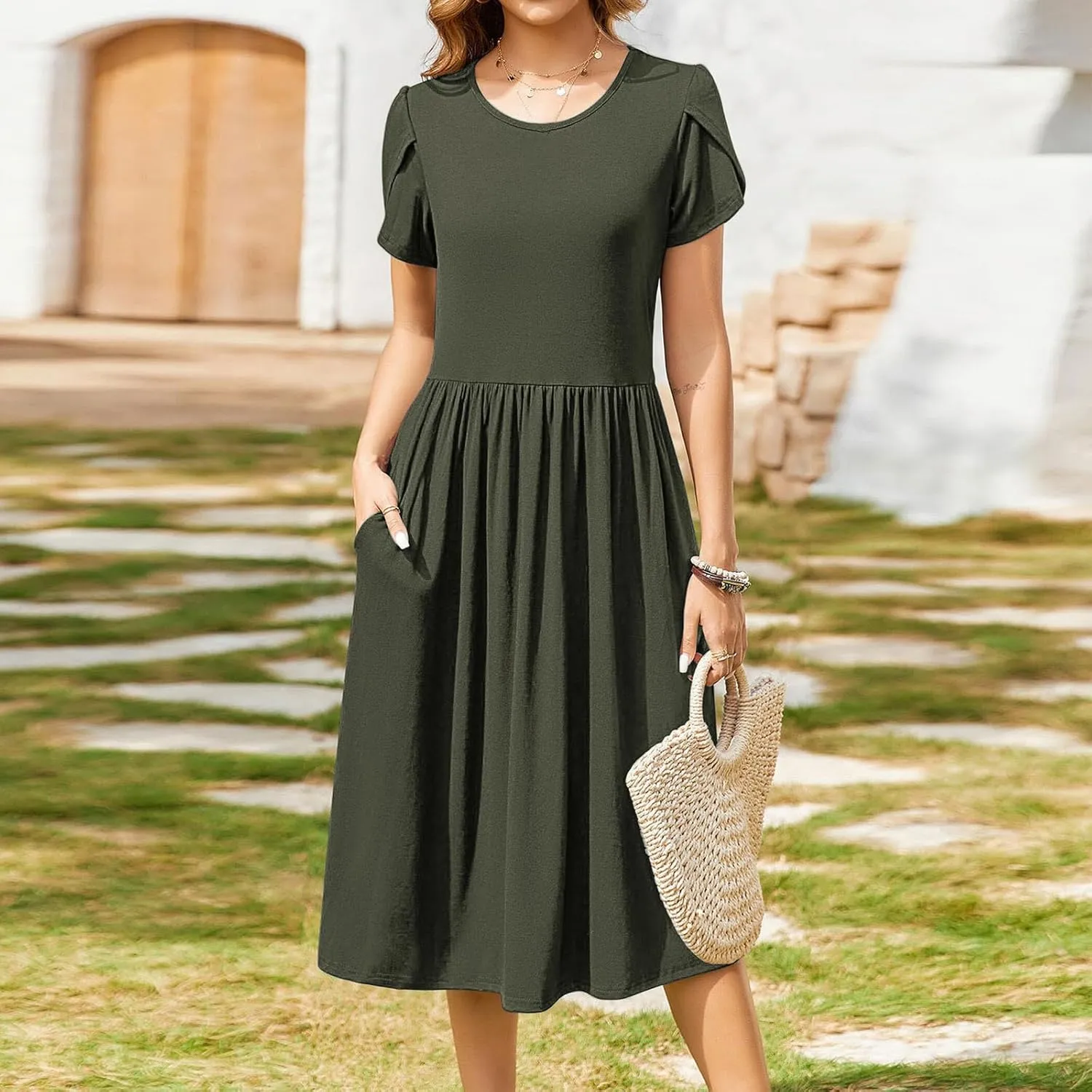 Olive Casual A-Line Dress for Women Short Sleeve with Pockets Summer Midi Dress
