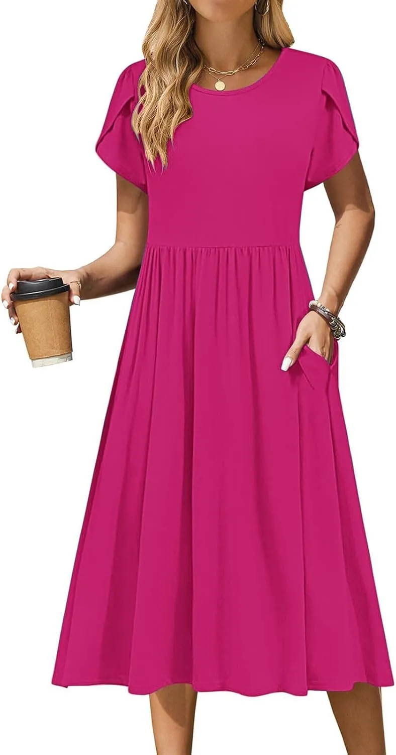 Olive Casual A-Line Dress for Women Short Sleeve with Pockets Summer Midi Dress
