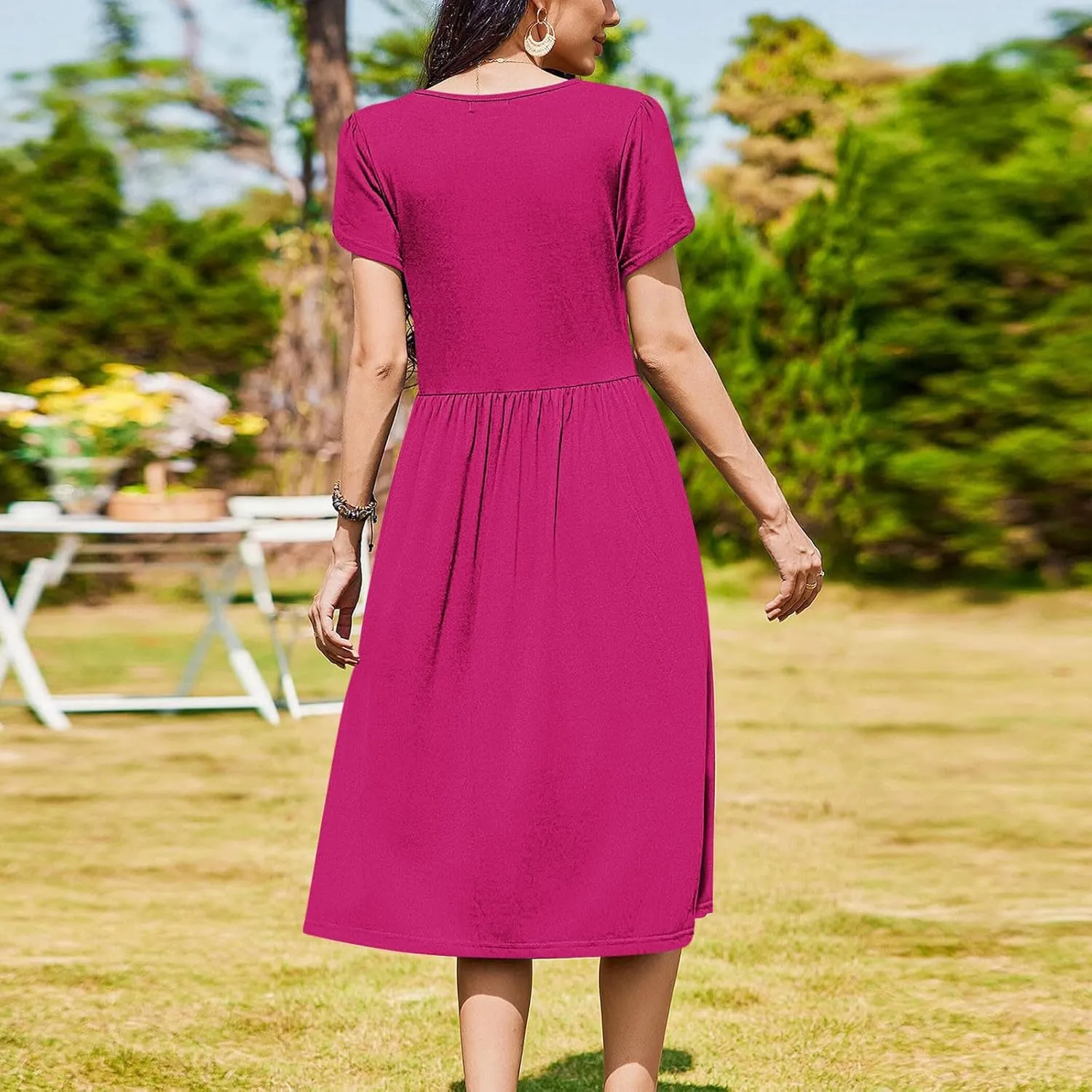 Olive Casual A-Line Dress for Women Short Sleeve with Pockets Summer Midi Dress