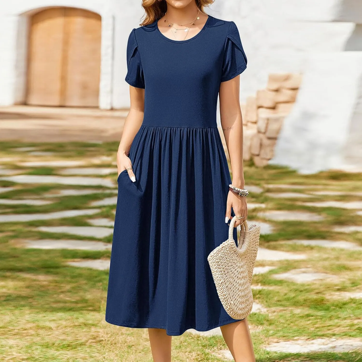 Olive Casual A-Line Dress for Women Short Sleeve with Pockets Summer Midi Dress