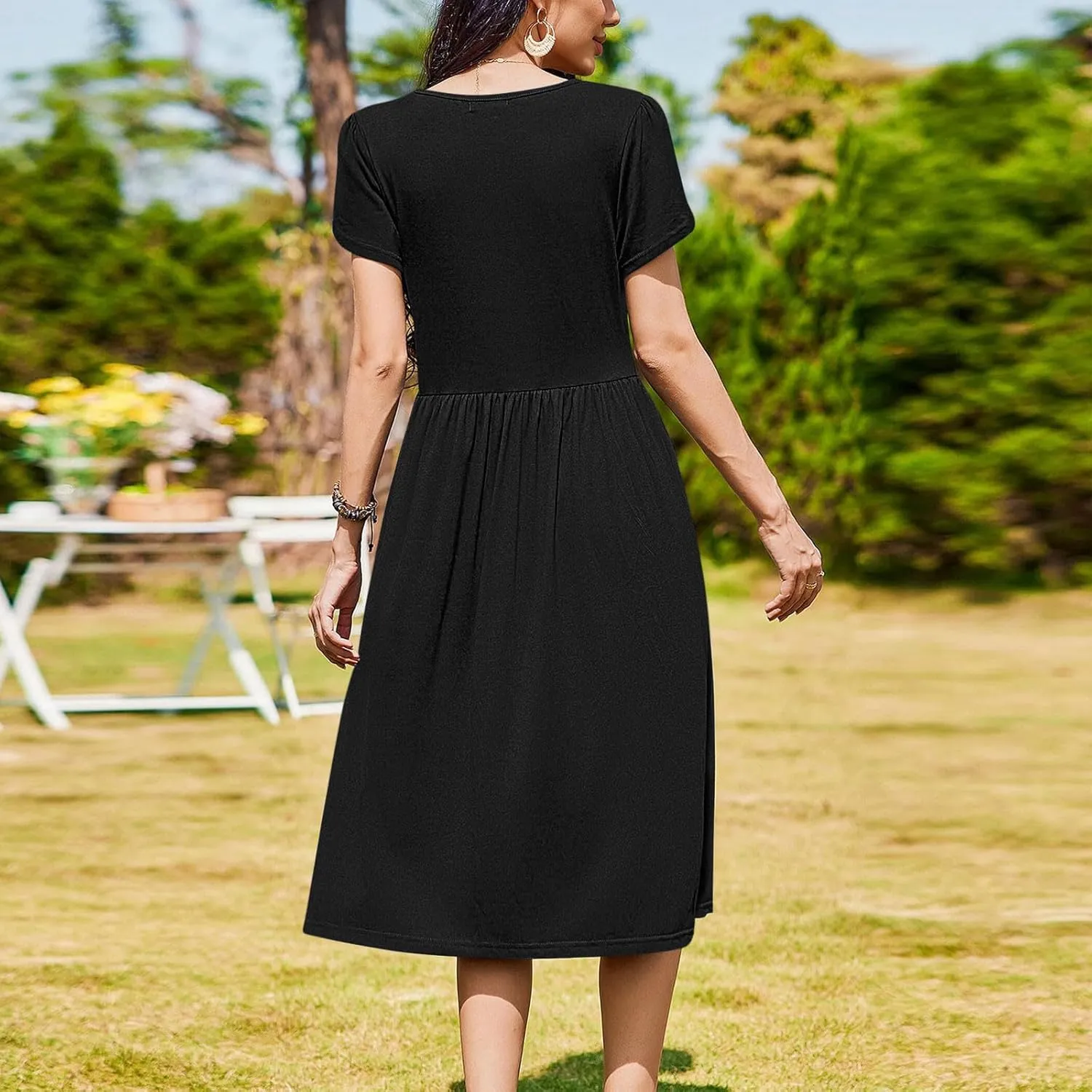 Olive Casual A-Line Dress for Women Short Sleeve with Pockets Summer Midi Dress