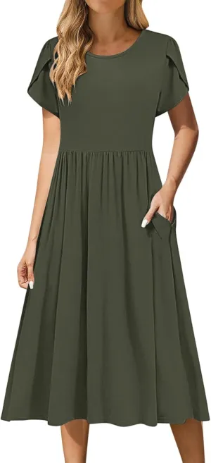 Olive Casual A-Line Dress for Women Short Sleeve with Pockets Summer Midi Dress