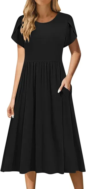 Olive Casual A-Line Dress for Women Short Sleeve with Pockets Summer Midi Dress