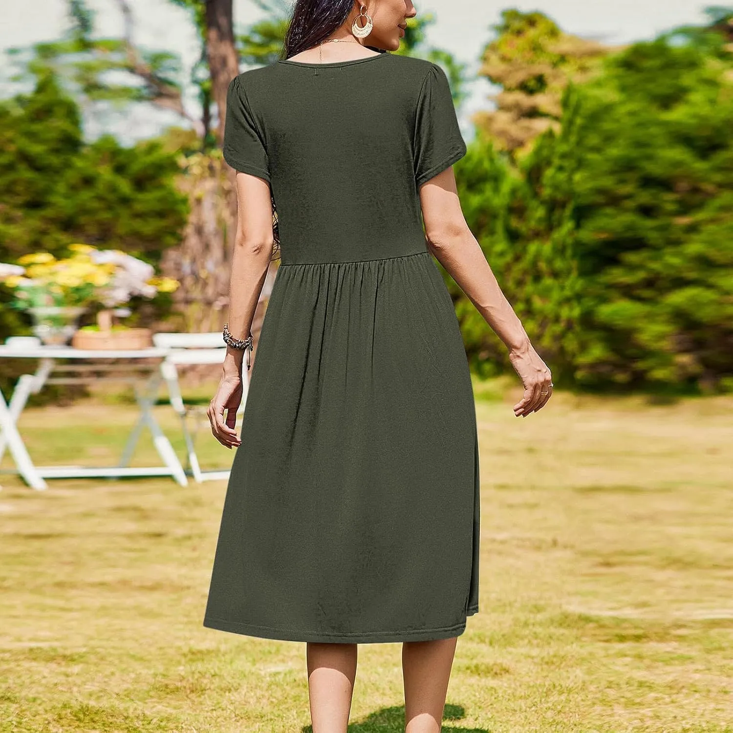 Olive Casual A-Line Dress for Women Short Sleeve with Pockets Summer Midi Dress