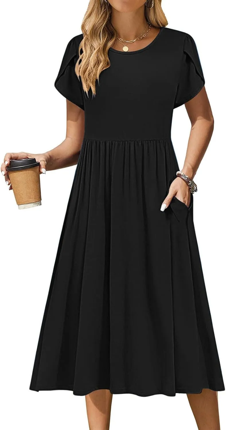 Olive Casual A-Line Dress for Women Short Sleeve with Pockets Summer Midi Dress