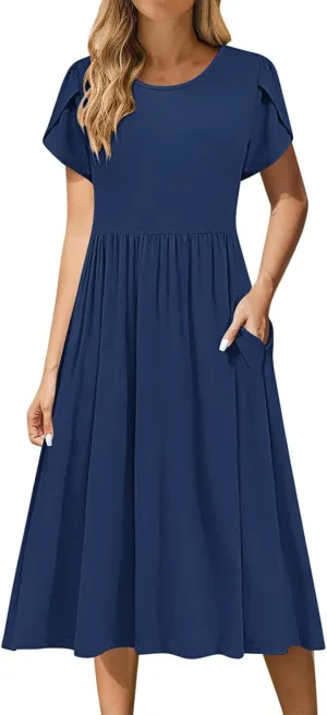 Olive Casual A-Line Dress for Women Short Sleeve with Pockets Summer Midi Dress