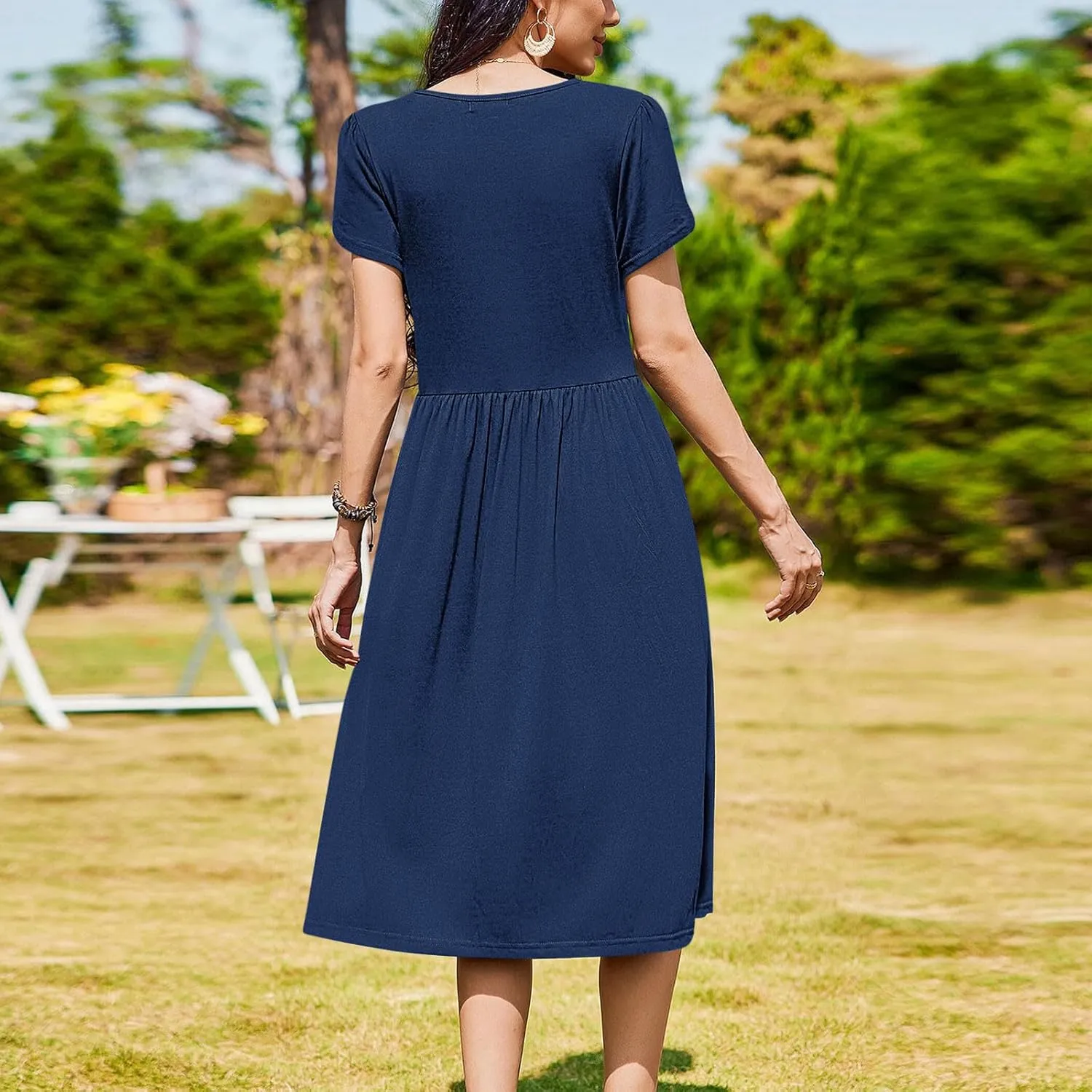 Olive Casual A-Line Dress for Women Short Sleeve with Pockets Summer Midi Dress