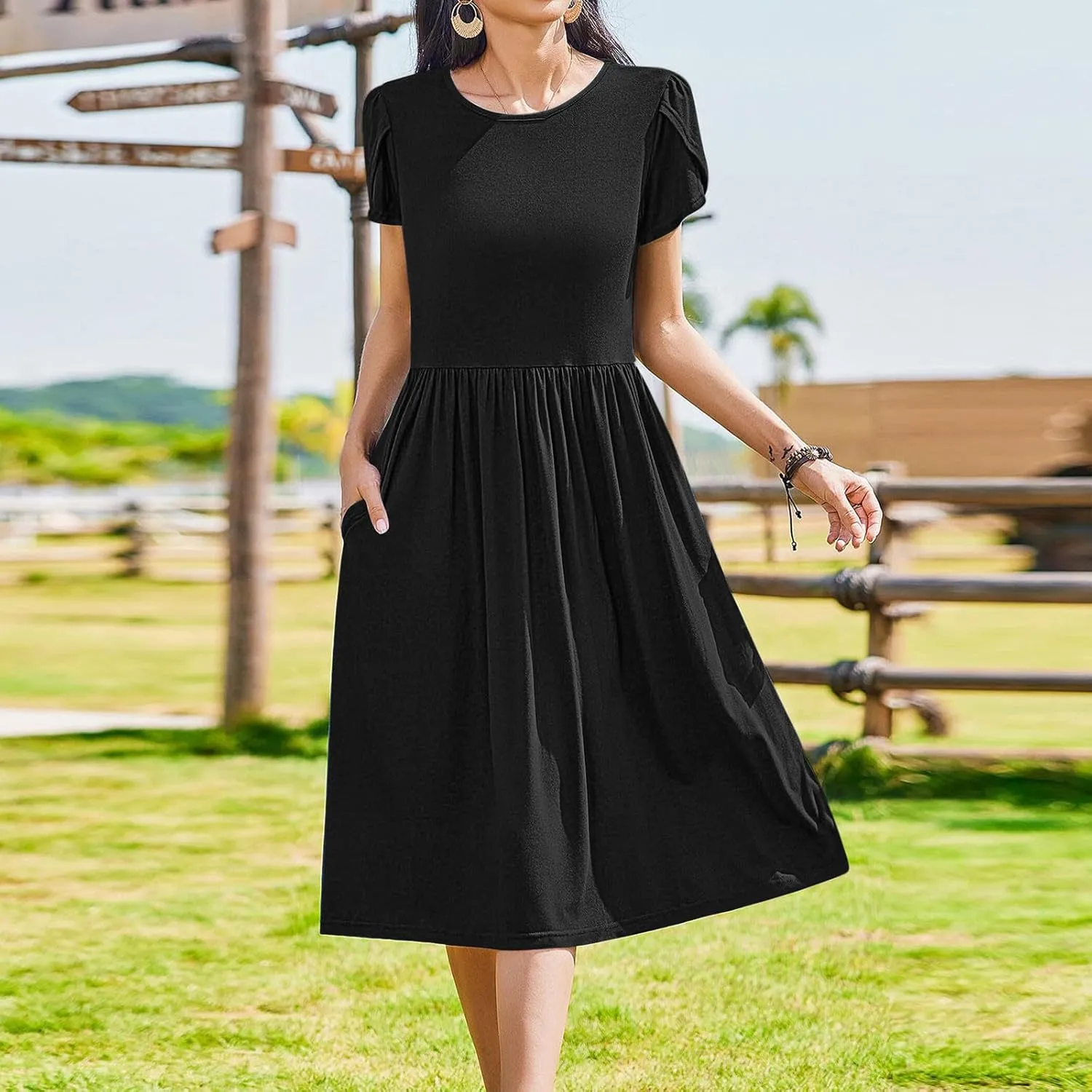Olive Casual A-Line Dress for Women Short Sleeve with Pockets Summer Midi Dress