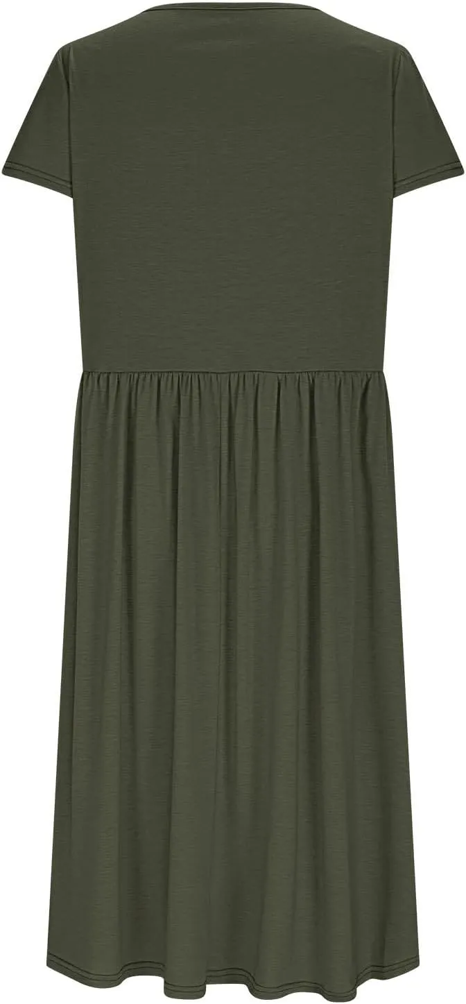 Olive Casual A-Line Dress for Women Short Sleeve with Pockets Summer Midi Dress