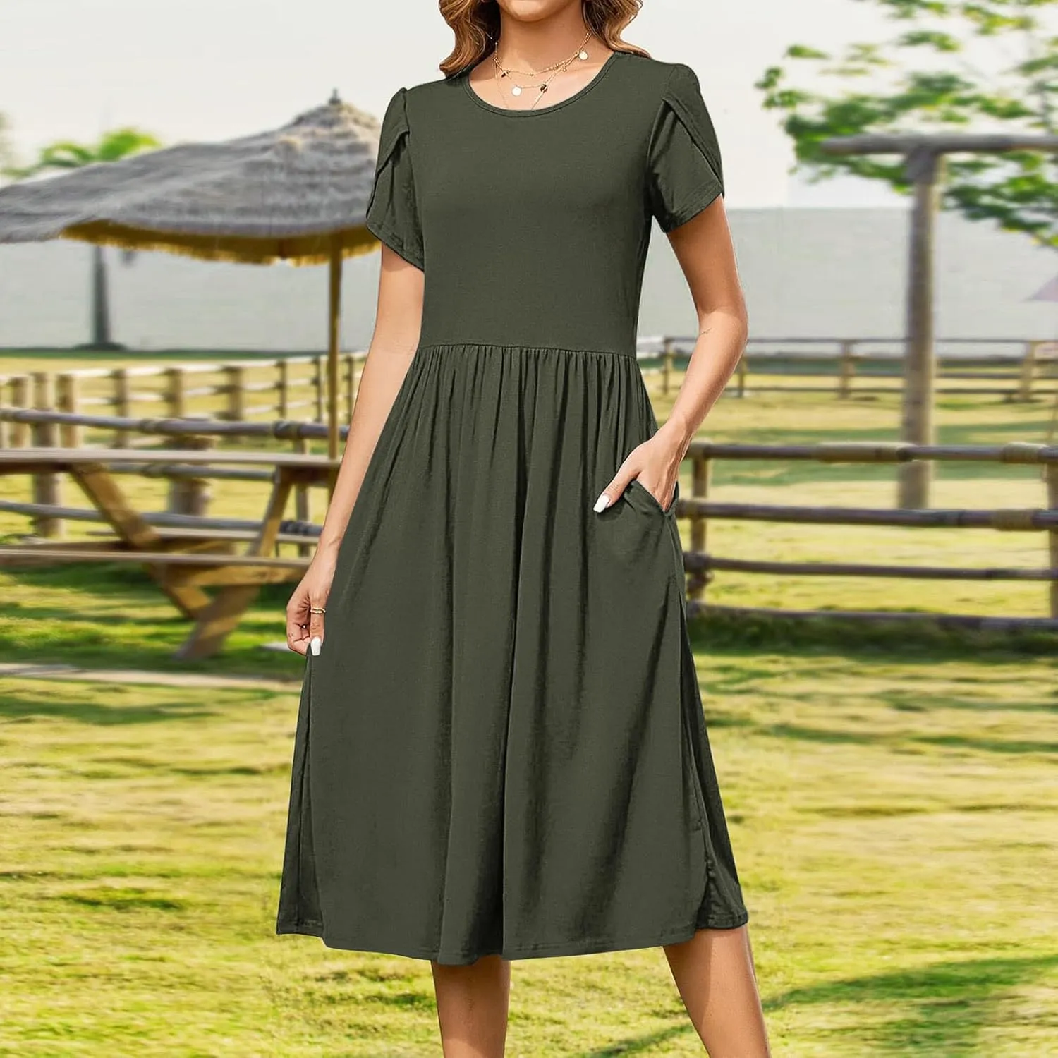 Olive Casual A-Line Dress for Women Short Sleeve with Pockets Summer Midi Dress