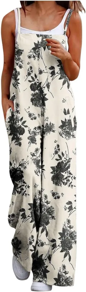 One Piece Jumpsuits for Women Overalls 2025 Spring Summer Rompers Vintage Boho Floral Adjustable Straps Wide Leg Jumpsuits
