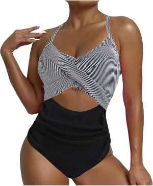 One Piece Swimsuits Women Tummy Control Thong Monokini Cutout High Waisted Bathing Suit Criss Cross Tie Back Monokinis
