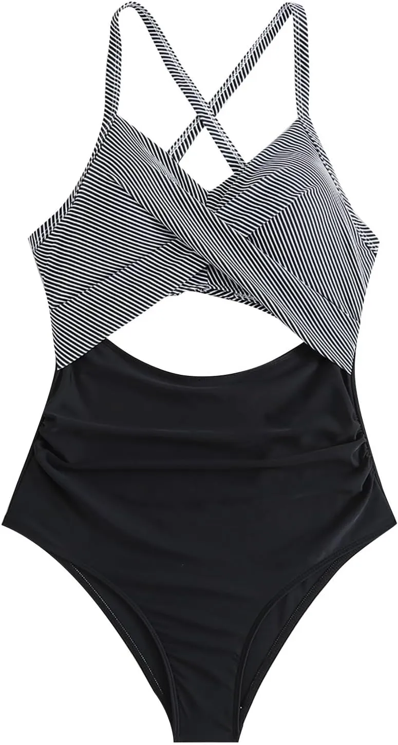 One Piece Swimsuits Women Tummy Control Thong Monokini Cutout High Waisted Bathing Suit Criss Cross Tie Back Monokinis