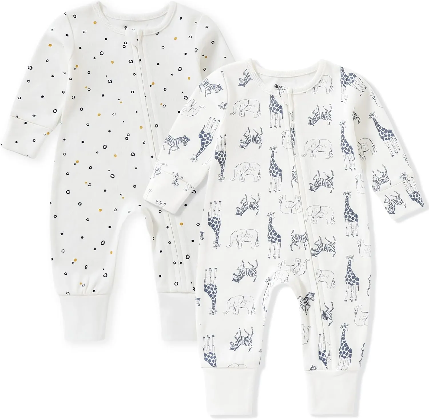 Organic Cotton Baby Footies, 0-24 Months Soft One Piece Footies, Zipper Cotton Bodysuit Long-Sleeve Rompers 2-Pack