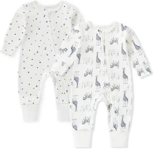 Organic Cotton Baby Footies, 0-24 Months Soft One Piece Footies, Zipper Cotton Bodysuit Long-Sleeve Rompers 2-Pack
