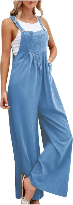 Overalls for Women Linen Sleeveless One Piece Jumpsuits Straps Pleated Bib Overalls Loose Fit Wide Leg Jumpsuits