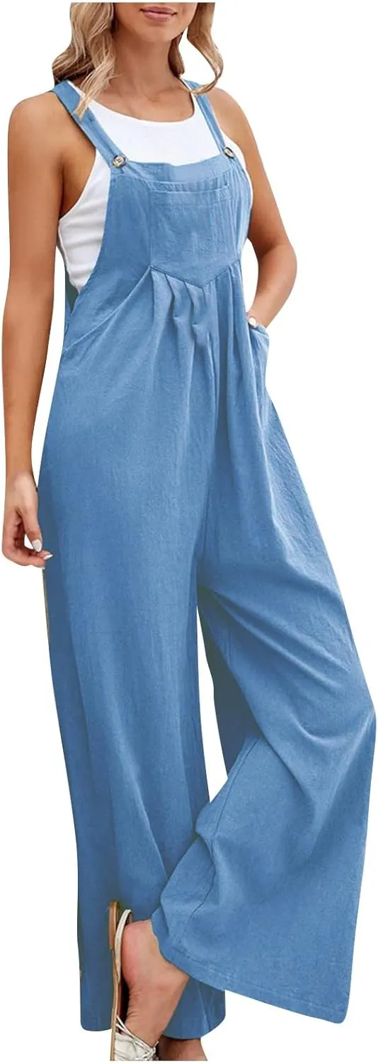 Overalls for Women Linen Sleeveless One Piece Jumpsuits Straps Pleated Bib Overalls Loose Fit Wide Leg Jumpsuits