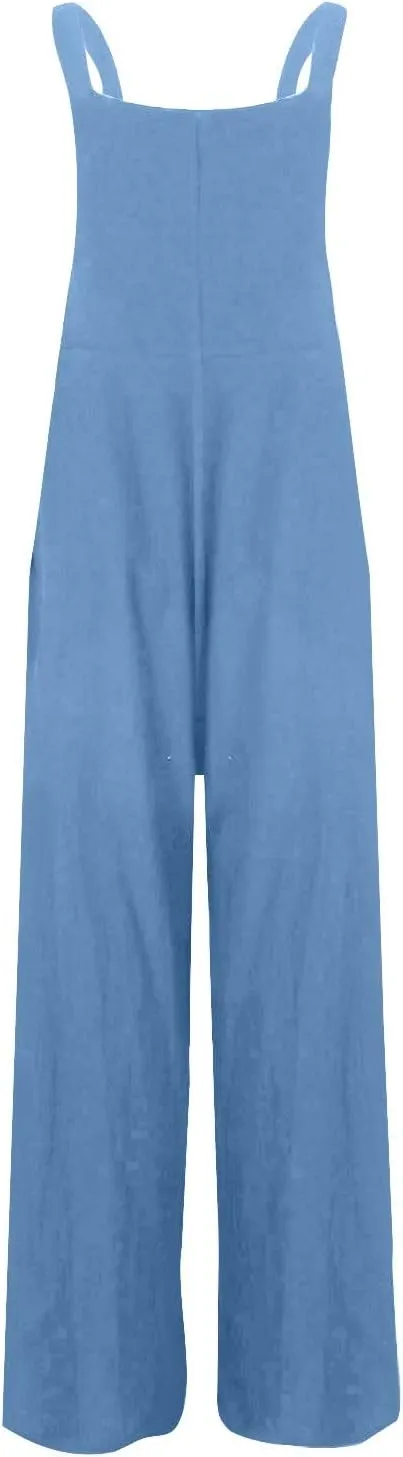 Overalls for Women Linen Sleeveless One Piece Jumpsuits Straps Pleated Bib Overalls Loose Fit Wide Leg Jumpsuits