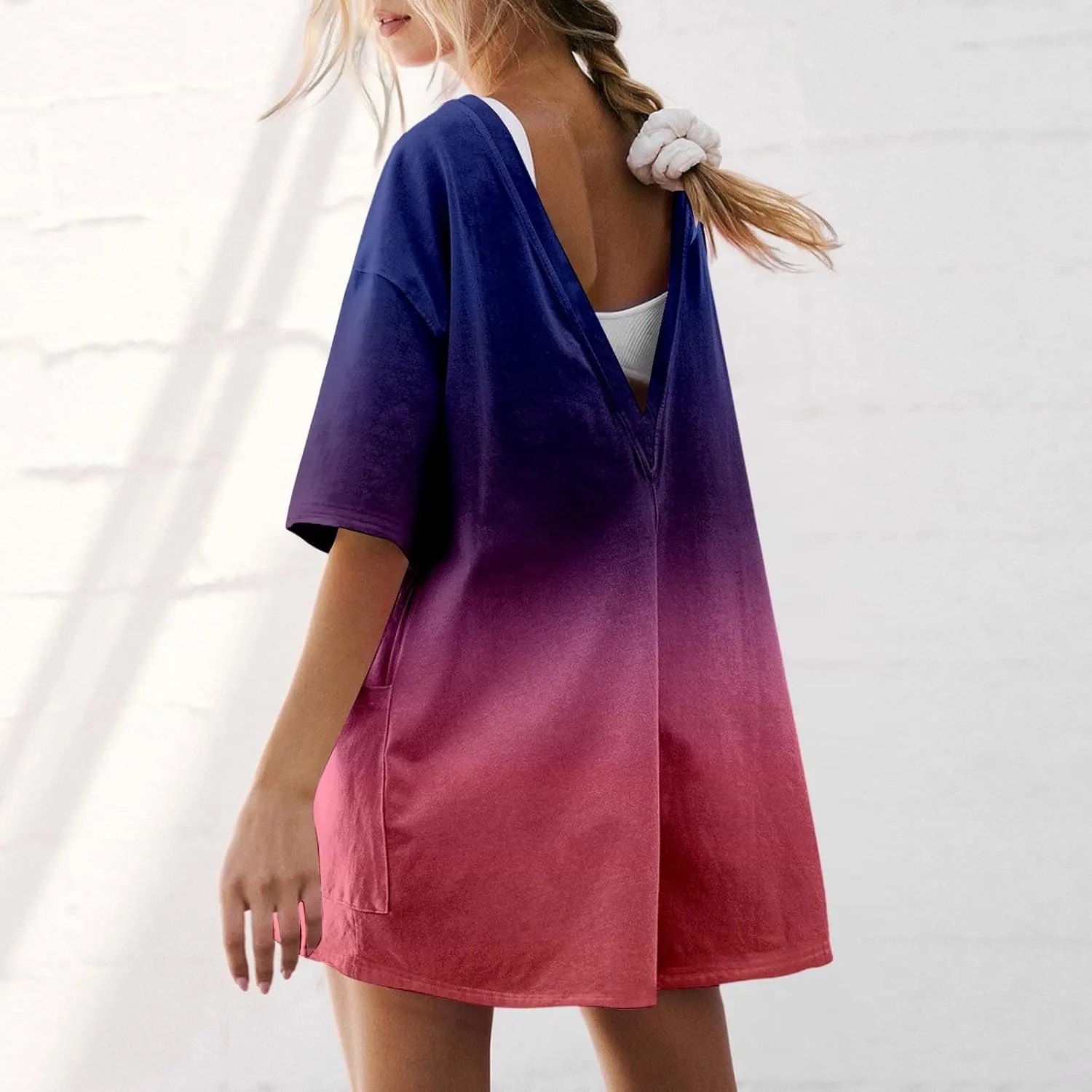 Oversized Rompers for Women Workout Half Sleeve Short Jumpsuits Crewneck Reversible Hot Shot Tee Romper with Pockets