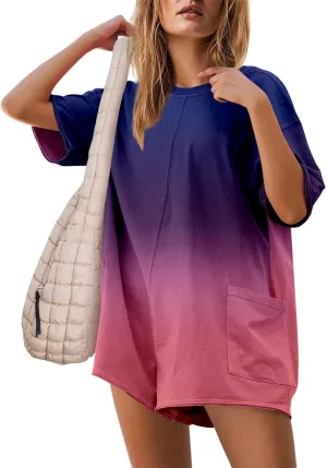 Oversized Rompers for Women Workout Half Sleeve Short Jumpsuits Crewneck Reversible Hot Shot Tee Romper with Pockets
