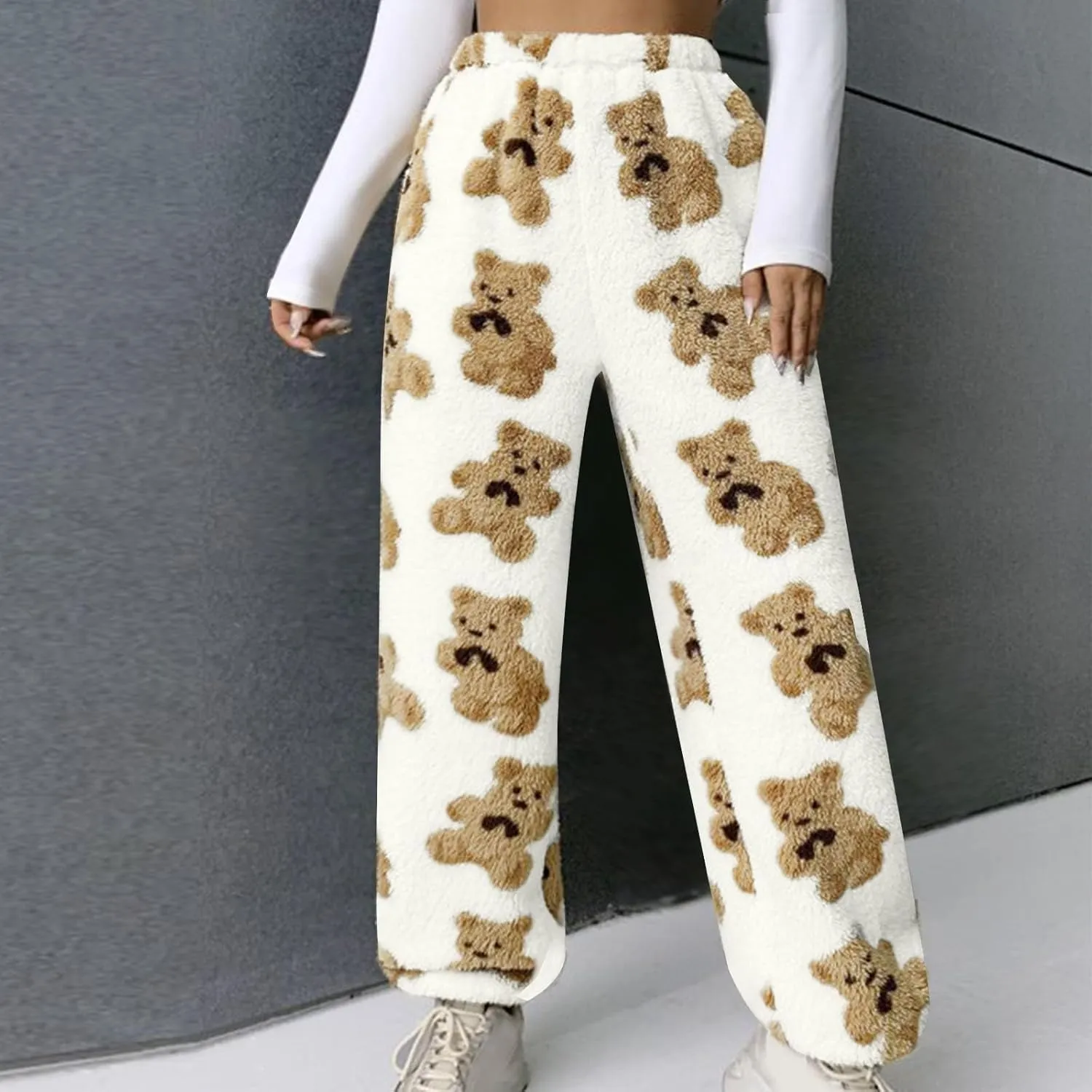 Pajama Pants for Women Cute Teddy Bear Print Sherpa Fleece Lined Pants Loose Fit Lounge Trousers Comfy Wide Leg Pants
