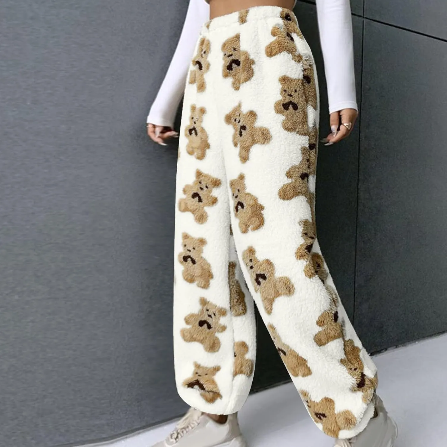 Pajama Pants for Women Cute Teddy Bear Print Sherpa Fleece Lined Pants Loose Fit Lounge Trousers Comfy Wide Leg Pants