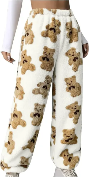 Pajama Pants for Women Cute Teddy Bear Print Sherpa Fleece Lined Pants Loose Fit Lounge Trousers Comfy Wide Leg Pants