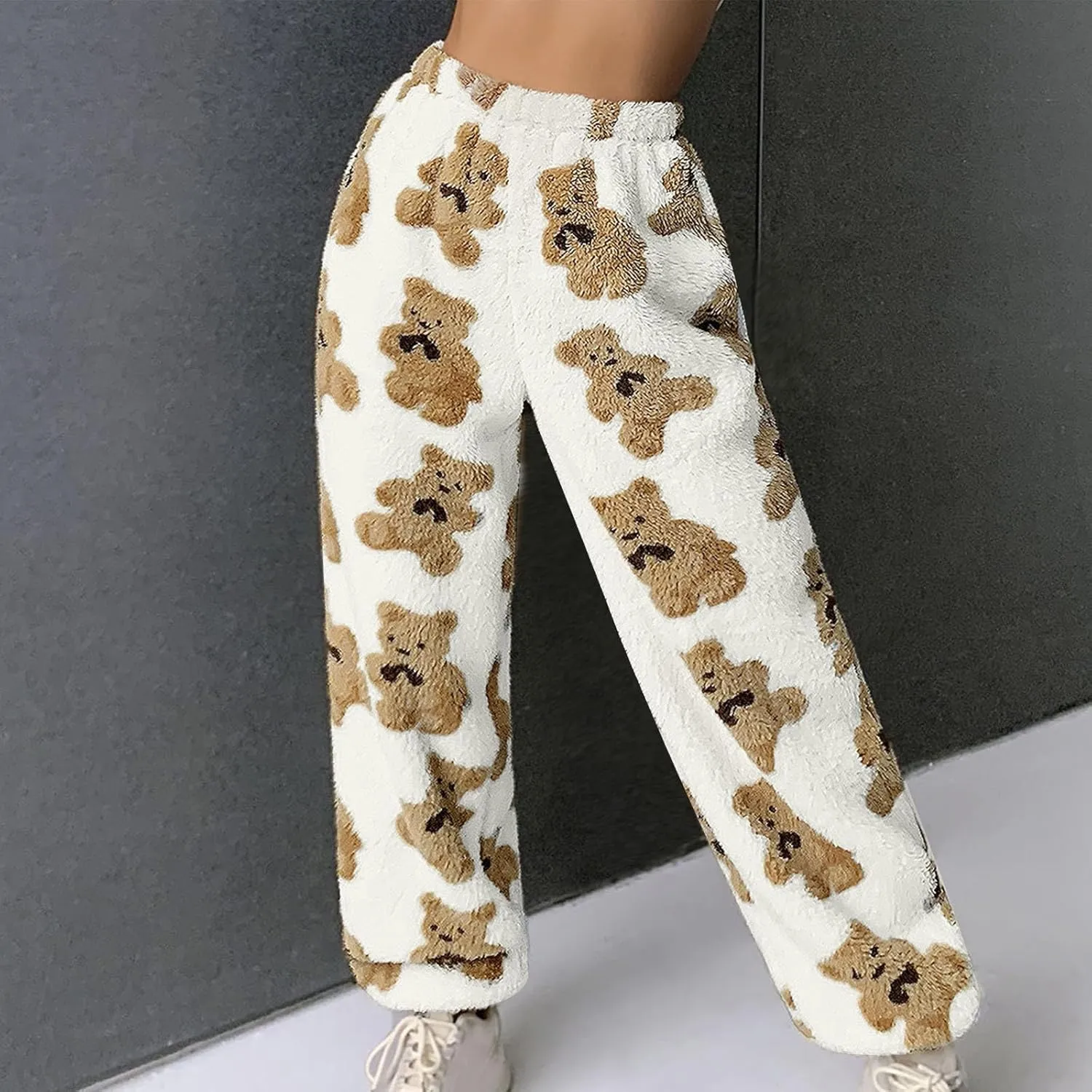 Pajama Pants for Women Cute Teddy Bear Print Sherpa Fleece Lined Pants Loose Fit Lounge Trousers Comfy Wide Leg Pants