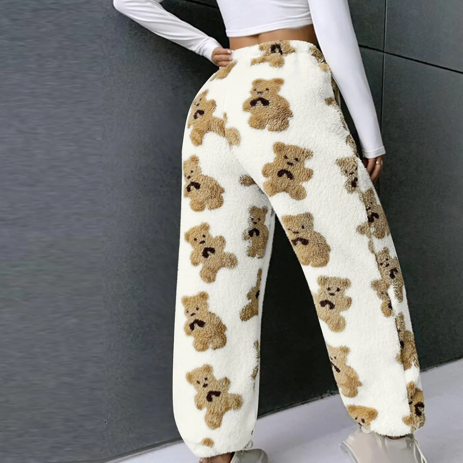Pajama Pants for Women Cute Teddy Bear Print Sherpa Fleece Lined Pants Loose Fit Lounge Trousers Comfy Wide Leg Pants