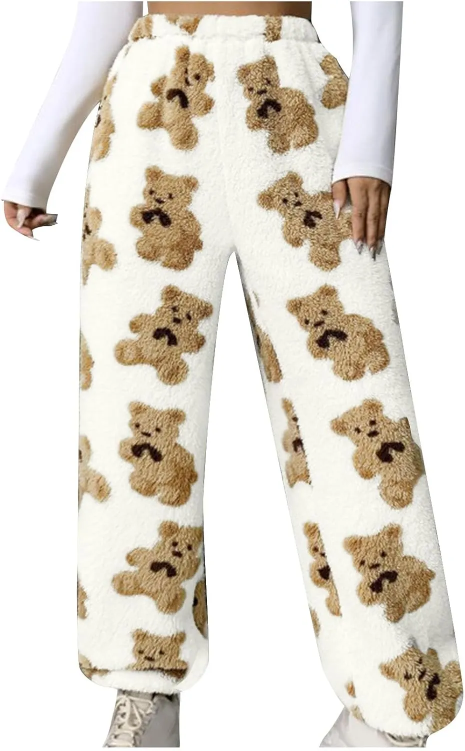 Pajama Pants for Women Cute Teddy Bear Print Sherpa Fleece Lined Pants Loose Fit Lounge Trousers Comfy Wide Leg Pants