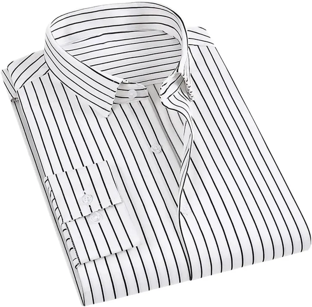 Pegsmio Men Dress Shirt Long Sleeve Striped Business Office Shirt Slim Fit Streetwear